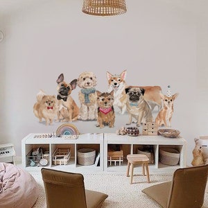 Papel de parede removível para amantes de cães, decalque de parede para cachorros, adesivo de parede fofo para filhotes, arte de parede para berçário, raças de cães para decoração de quarto de criança