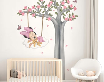 Classic Mouse Wall Art Pink Baby Minnie Mouse Wall Decal Cartoon Mouse Wall Sticker Nursery Room Girl Room Decor ( Peel and Stick )