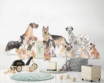 Può includere: Un'illustrazione ad acquerello di un gruppo di cani di diverse razze, tra cui un alano, un pastore tedesco, un dalmata, un bulldog, un barboncino, un cocker spaniel, un corgi, un bulldog francese, un pomerania, uno yorkshire terrier e un chihuahua. Tutti i cani indossano cappelli da festa e sono disposti in modo giocoso e fantasioso.