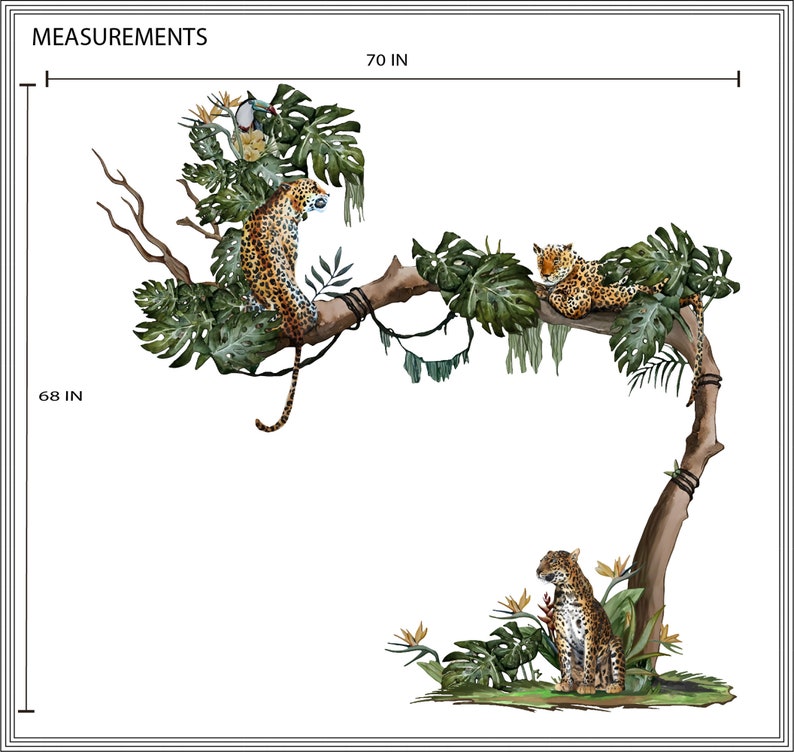 May include: A watercolor illustration of a jungle scene with three leopards perched on a tree branch. The tree is adorned with lush green leaves and vines. The leopards are depicted in a natural setting, with a white background. The illustration measures 70 inches wide and 68 inches high.
