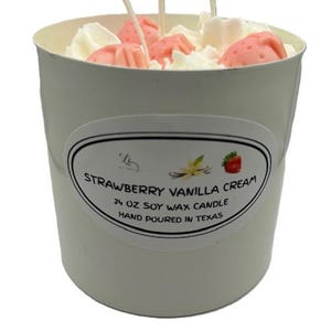LRO Candle Co Strawberry Vanilla Cream Soy Wax Candle with Wax Melts in Metal Jar with Plastic Wrap 24 Oz