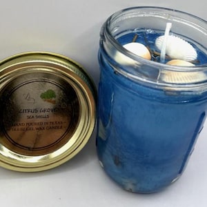 Könnte beinhalten: Eine blaue Gelkerze in einem Glasgefäß mit goldenem Deckel. Die Kerze hat Muscheln eingebettet und einen weißen Docht. Das Etikett auf dem Deckel lautet "Citrus Grove Sea Shells Hand Poured in Texas 14.6 oz Gel Wax Candle".