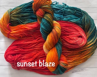 Hand Dyed 100% Superwash Merino Yarn - Sport, DK, Worsted ~  Sunset Blaze ~ Orange ~ Teal ~ Green ~ Pink ~ Variegated