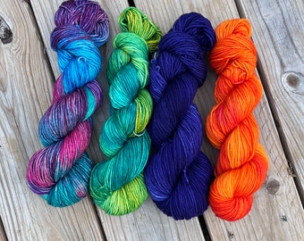 Hand Dyed 100% Superwash Merino Yarn - Sport, DK, Worsted - Blue~ Purple ~ Orange ~ Green Variegated