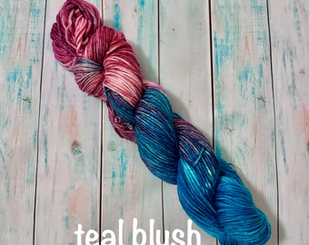 Hand Dyed 100% Superwash Merino Yarn - Sport, DK, Worsted ~ Teal Blush ~ Fuchsia ~ Teal ~ Purple Variegated