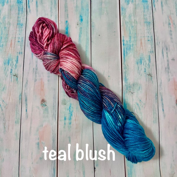 Hand Dyed 100% Superwash Merino Yarn - Sport, DK, Worsted ~ Teal Blush ~ Fuchsia ~ Teal ~ Purple Variegated