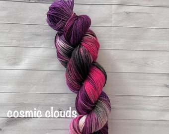 Hand Dyed 100% Superwash Merino Yarn - Sport, DK, Worsted ~  Comic Clouds  ~ Purple ~ Black ~ White ~ Fuschia ~ Variegated