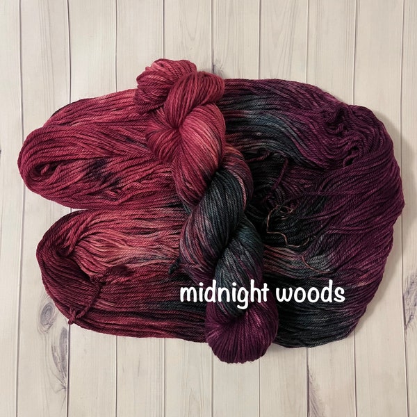 Hand Dyed 100% Superwash Merino Yarn - Sport, DK, Worsted ~ Midnight Woods ~ Wine ~ Burgandy ~ Forest Green ~ Eggplant  ~ Variegated