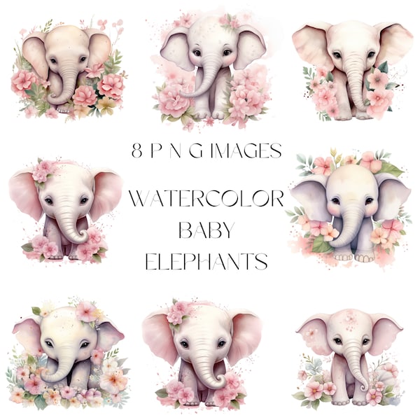 watercolor baby elephant, nursery decor, baby shower decor, clipart bundle, commercial use, cute elephant png, baby girl elephant clipart.