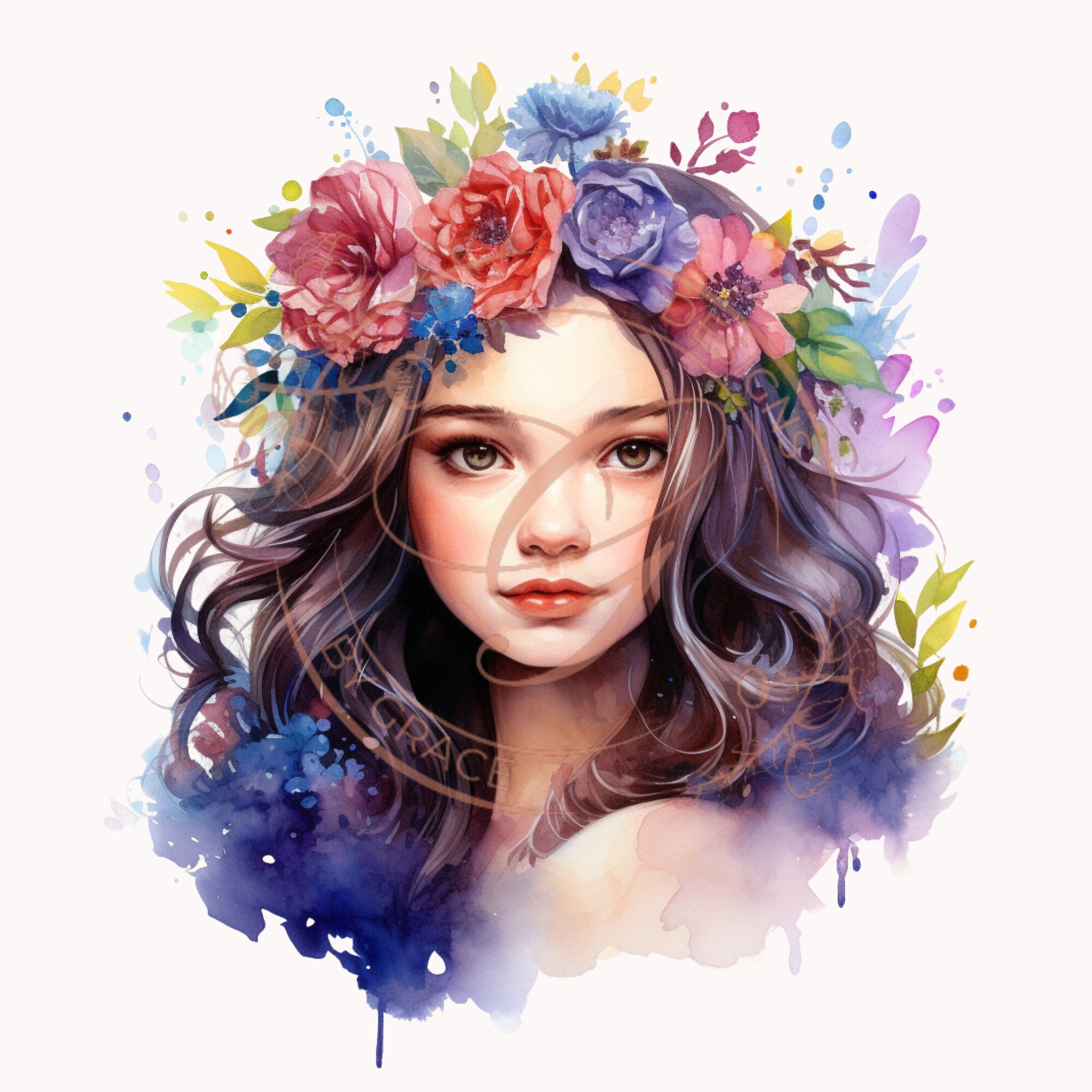 Watercolor Flower Crown Girl Clipart Bundle PNG Etsy