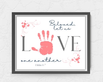 Christian Handprint art, handprint craft, 1 John 4:7, Christian preschool activities, Sunday school Valentines craft, Christian valentine