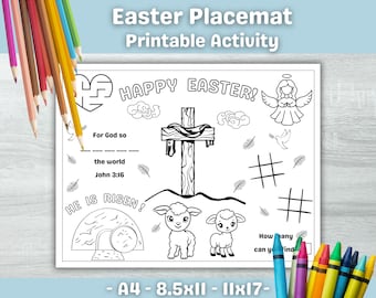 Christian easter activity placemat, Easter coloring sheet, Easter dinner brunch table coloring craft, activities for kids, He is risen