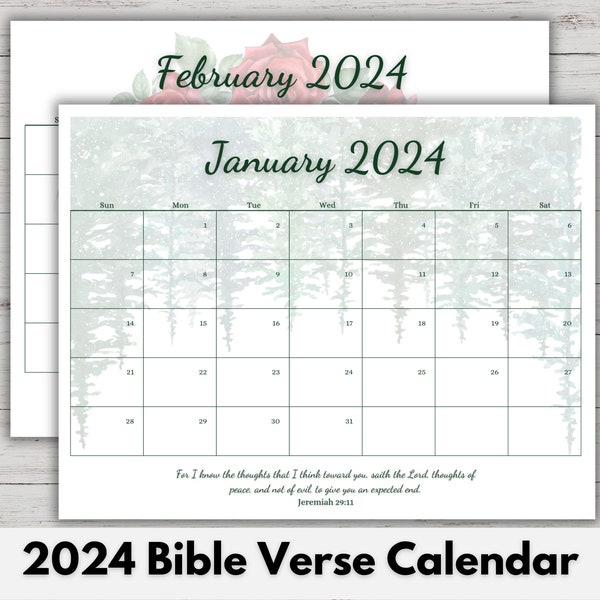 2024 Bible Verse Calendar, Printable Scripture Calendar, Inspirational Calendar, Watercolor Christian Calendar, Monthly Calendar