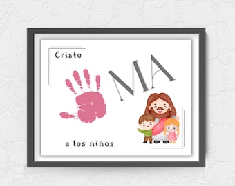 Arte de huellas de manos en español, actividades preescolares cristianas, manualidades con huellas de manos, San Valentín cristiano español, Jesús ama a los niños, Cristo ama