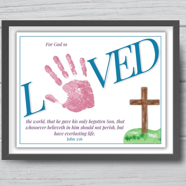 Christian Easter handprint craft art, Religious craft for kids toddler baby, Preschool activity, Sunday school,  John 3:16, God Loved, cross