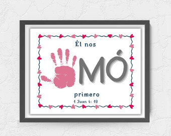 Arte de huellas de manos en español, actividades preescolares cristianas, artesanía de huellas de manos, San Valentín cristiano en español, 1 Juan 4:19, escuela dominical, 1 Juan 419