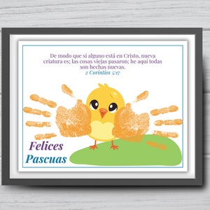 Spanish Easter Chick handprint craft art, Spanish Christian Religious craft for kids toddler baby, Preschool Sunday school, Felices Pascuas