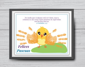 Spanish Easter Chick handprint craft art, Spanish Christian Religious craft for kids toddler baby, Preschool Sunday school, Felices Pascuas