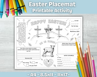 Christian easter activity placemat, Easter coloring activity sheet, Easter dinner brunch, kids table coloring craft, He is risen, Bible game