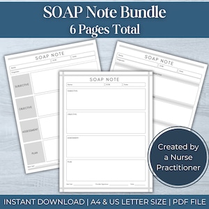 Op de afbeelding: Een printbare SOAP-notitiebundel voor verpleegkundigen. De bundel bevat zes pagina's met een sjabloon voor het documenteren van patiëntenzorg. De sjabloon bevat secties voor subjectief, objectief, beoordeling en plan.