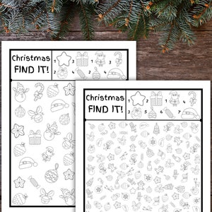 May include: Two black and white printable Christmas Find It! activity sheets. Each sheet has a list of 7 Christmas items to find hidden within a larger image. The items include a star, a gift, Santa, a candy cane, a wreath, an ornament, and a Santa hat.