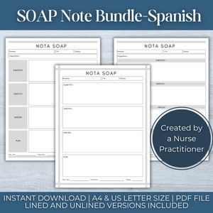 May include: A printable SOAP note template in Spanish. The template is divided into four sections: Subjetivo, Objetivo, Análisis, and Plan. The template is designed for nurses and other healthcare professionals.
