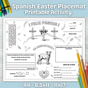 May include: A black and white printable Easter placemat with Spanish text, including "¡FELIZ PASCUA!" and "HA RESUCITADO!" Features a maze, crosses, a lamb, and word puzzles. Includes size options: A4, 8.5x11 inches, and 11x17 inches.