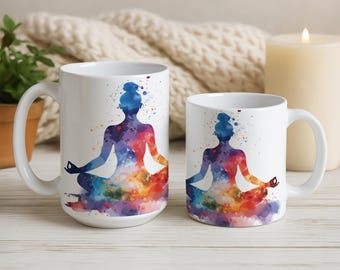 Watercolor Yoga Mug, Chakra Mug for Yoga, Mediation Coffee Cup, Colorful Spiritual Hot Cocoa Mug, Cute Yoga Tea Cup, Motivational Mug Gift