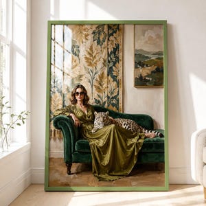 May include: A framed wall art print featuring a person in a long olive green dress and sunglasses sitting on a dark green velvet chaise lounge with a leopard. The background displays a large floral tapestry and a landscape painting on a wall.