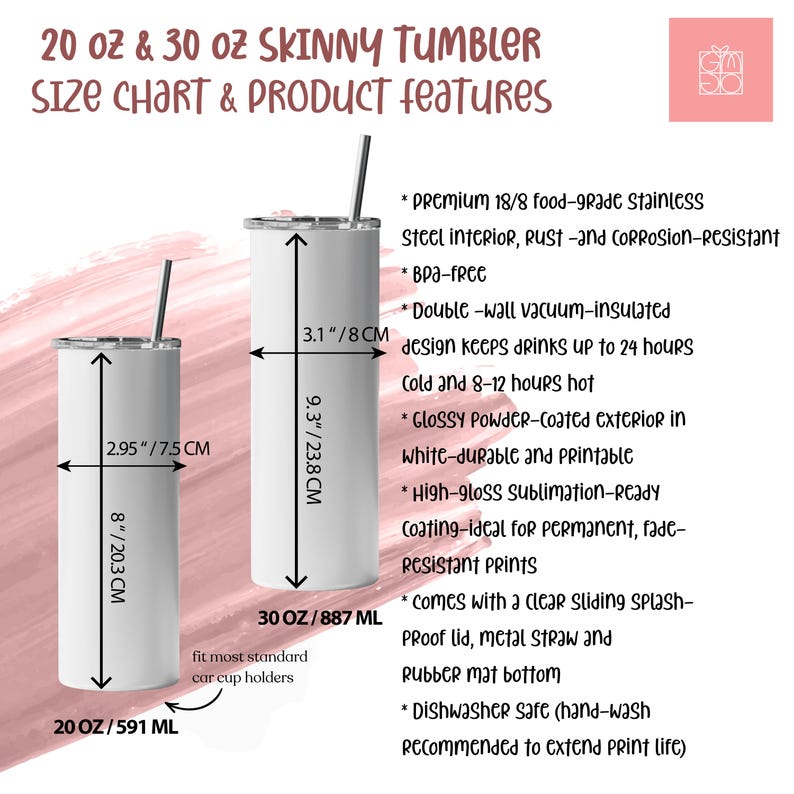 Puede incluir: Vasos delgados blancos con tabla de tallas y caracter&iacute;sticas del producto. El vaso de 591 ml mide 20,3 cm de alto y 7,5 cm de ancho. El vaso de 887 ml mide 23,8 cm de alto y 8 cm de ancho. Caracter&iacute;sticas: acero inoxidable, sin BPA y aislamiento de doble pared.