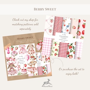 K&ouml;nnte beinhalten: Digitale Kunstsammlung mit dem Thema "Berry Sweet", einschlie&szlig;lich Cliparts und nahtlosen Mustern. Das Bild zeigt Erdbeeren, Hasen und rosa Elemente. Der Text enth&auml;lt "Strawberry Garden" und "Besuchen Sie meinen Shop f&uuml;r passende Muster, die separat verkauft werden".