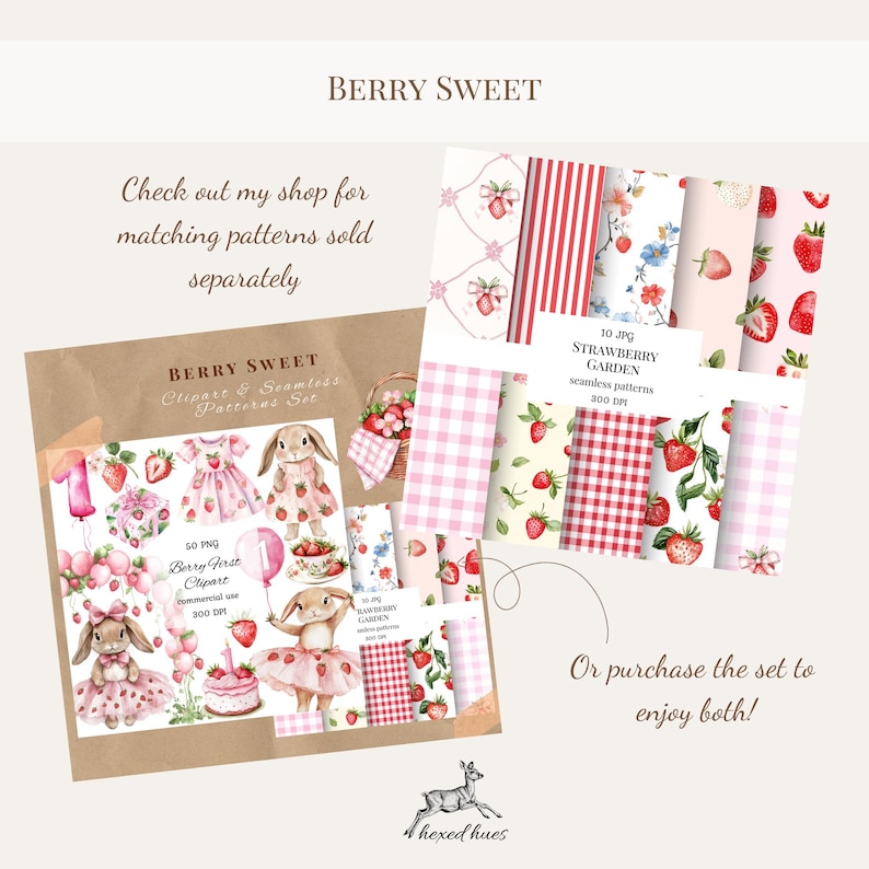 K&ouml;nnte beinhalten: Digitale Kunstsammlung mit dem Thema "Berry Sweet", einschlie&szlig;lich Cliparts und nahtlosen Mustern. Das Bild zeigt Erdbeeren, Hasen und rosa Elemente. Der Text enth&auml;lt "Strawberry Garden" und "Besuchen Sie meinen Shop f&uuml;r passende Muster, die separat verkauft werden".