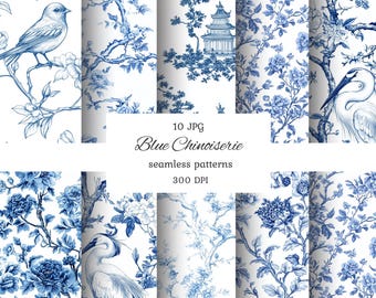 Blue chinoiserie seamless pattern, chinoiserie floral seamless, chinoiserie design, elegant toile pattern, toile de jouy, scrapbooking paper