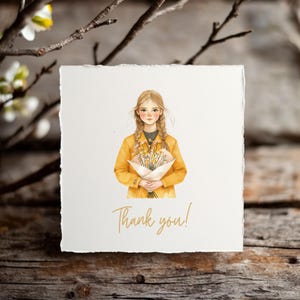 May include: A watercolor illustration of a girl with blonde hair wearing a yellow jacket and holding a bouquet of flowers. The text "Thank you!" is written below the image.