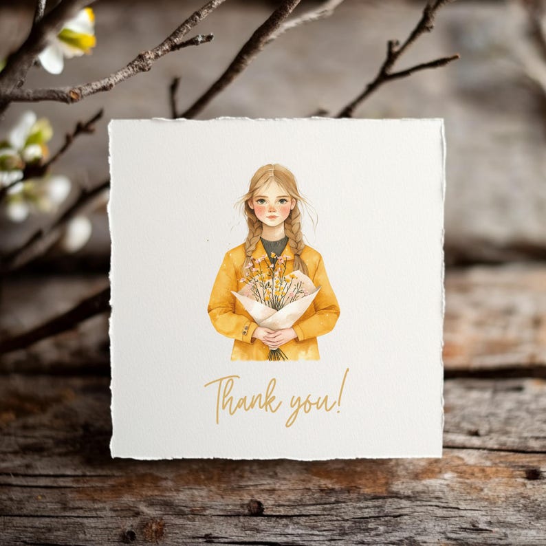 May include: A watercolor illustration of a girl with blonde hair wearing a yellow jacket and holding a bouquet of flowers. The text "Thank you!" is written below the image.