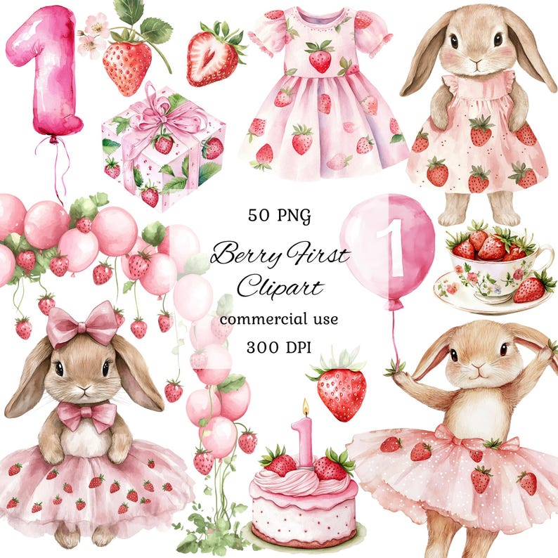 Peut inclure: Ensemble d'illustrations &agrave; l'aquarelle sur le th&egrave;me 'Berry First'. Comprend un ballon rose avec le chiffre un, des robes d&eacute;cor&eacute;es de fraises, une bo&icirc;te cadeau, une tasse &agrave; th&eacute;, un g&acirc;teau et des personnages de lapin. Le texte indique '50 PNG Berry First Clipart commercial use 300 DPI'.