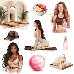 May include: A collection of fitness and wellness items including a pink exercise ball, a brown baseball cap, a bottle of pink liquid soap, a bowl of fruit, a woman in a brown sports bra and leggings, a woman in a beige yoga outfit, and a woman in a pink sports bra and jacket.
