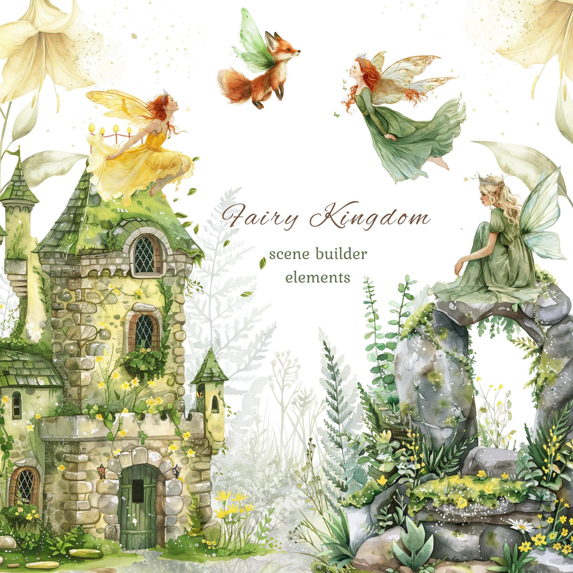 Watercolor Fairy Kingdom Clipart Png Bundle, Magic Kingdom, Forest ...