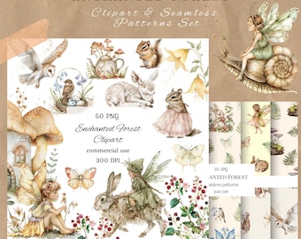 Bundle png de clipart aquarelle forêt enchantée, forêt magique, forêt de fées, forêt fantastique, conte de fées, usage commercial, scrapbooking