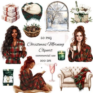 Christmas morning clipart png bundle, christmas pajamas clipart, watercolor cozy christmas, family christmas, commercial use, scrapbooking