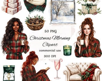 Pode incluir: Um conjunto de 50 imagens de clipart digitais com um tema de manhã de Natal. As imagens incluem uma mulher com um roupão xadrez vermelho e verde, uma janela com uma cena de inverno nevada, um gato dormindo em um cobertor, uma caixa de presente, uma taça de champanhe com um bastão de caramelo, uma vela, uma cesta de pinhas, um relógio em uma caixa e um sofá branco com uma manta xadrez vermelha e verde.