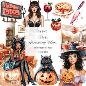 Watercolor retro halloween clipart png bundle, 1950s halloween clipart, vintage halloween, spooky clipart, autumn clipart, witch clipart