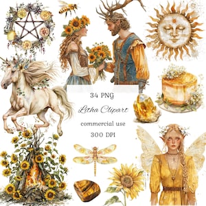 Paquete de imágenes prediseñadas de acuarela de Litha, imágenes prediseñadas de brujas, solsticio de verano, uso comercial, imágenes prediseñadas celtas neopaganas wiccanas, scrapbooking