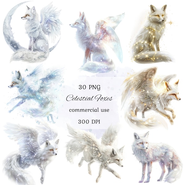 Celestial fox watercolor clipart png bundle, cute animal clipart pack, fox illustration, commercial use, ai art, scrapbooking