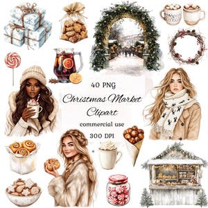 Pacchetto di clipart png del mercatino di Natale, negozio di Natale ad acquerello, clipart di cibo per le feste, vetrina di Natale, fiera di Natale, scrapbooking