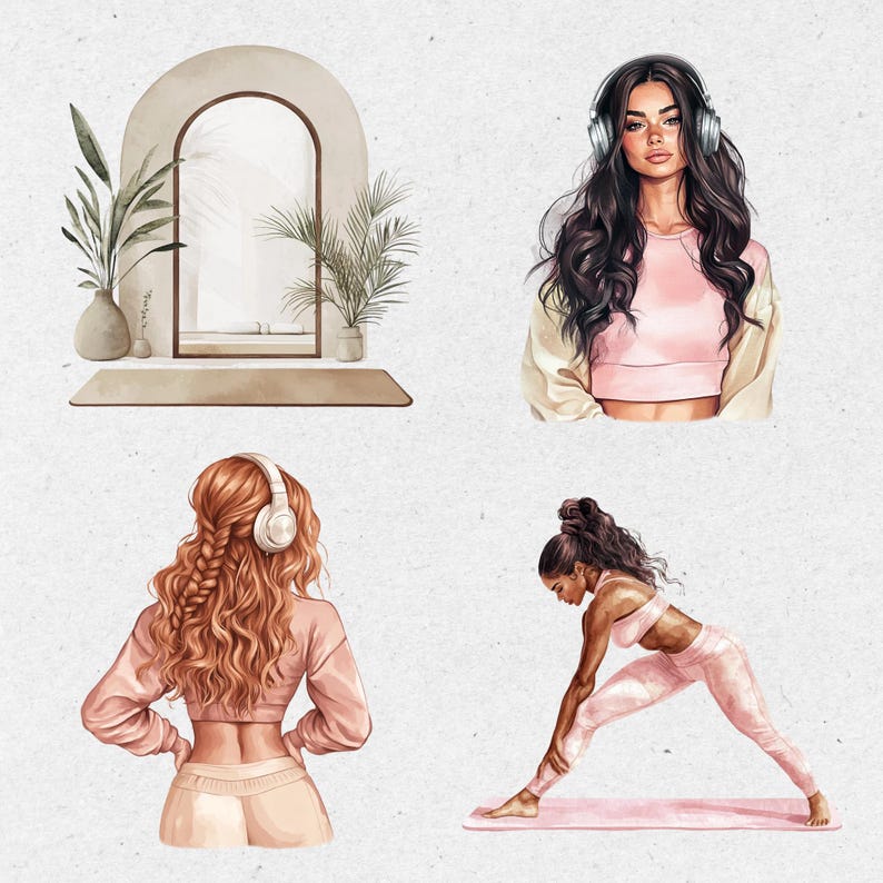 May include: A digital illustration of three women. One woman is wearing headphones and a pink top. Another woman is wearing headphones and a pink top and is doing a yoga pose. The third woman is wearing a pink top and is standing with her back to the viewer.