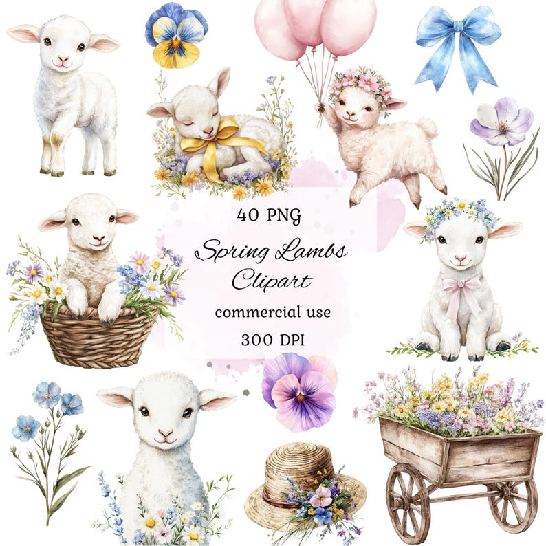 May include: A set of 40 watercolor illustrations featuring cute lambs in various poses, including a lamb in a basket, a lamb with a flower crown, and a lamb holding balloons. The illustrations also include various flowers and a wagon filled with flowers.
