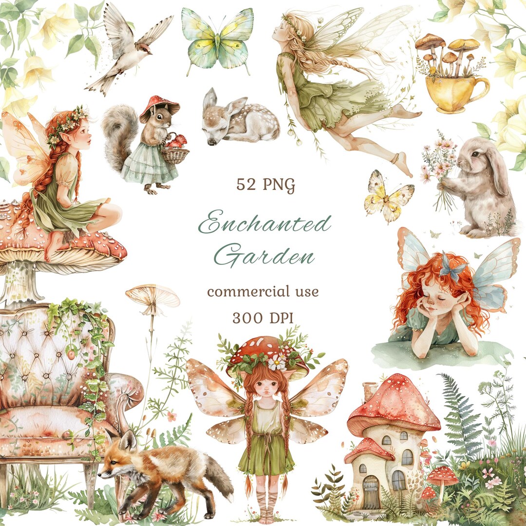 Watercolor Magical Fairy Garden Clipart Png Bundle, Cute Fairy Forest ...