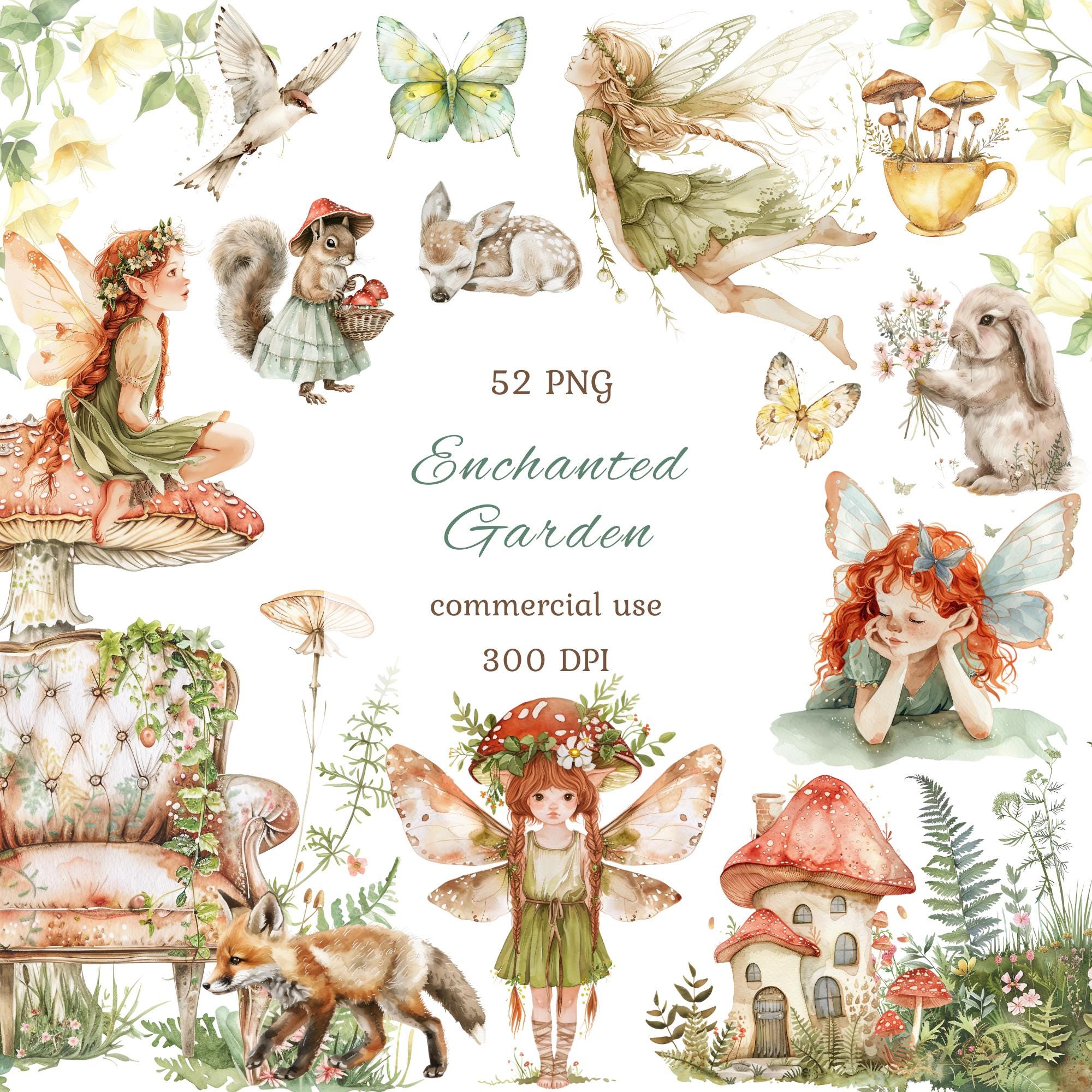Watercolor Magical Fairy Garden Clipart Png Bundle, Cute Fairy Forest ...