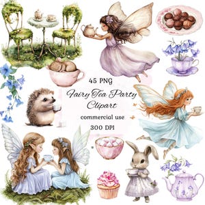 Pacote de clipart png para festa do chá de fadas em aquarela, clipart para festa do chá em aquarela, clipart de fada roxa, clipart de menina fada, scrapbooking